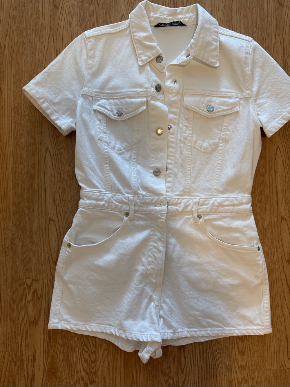 Zara White Short-Sleeve Denim Romper Shorts